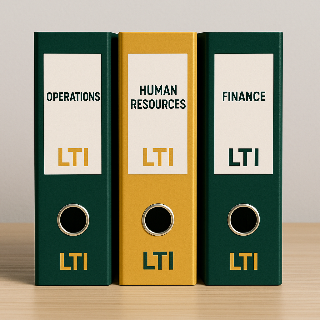 binders for operations human resources and finance with LTI branding of dark green and golden yellow-1