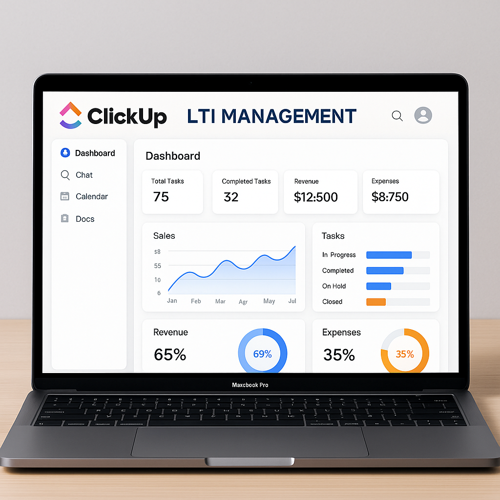 a laptop with a webpage open to a business dashboard on clickup branded with LTI management-2